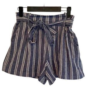 Angie Medium Blue & White Paper Bag Waist Shorts | High Rise